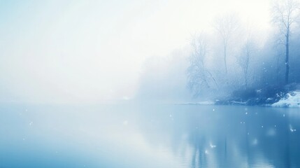 Fototapeta premium Snowy lake, misty trees, winter calm, background blur, tranquil scene