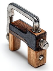 Metal and wood combination padlock with a robust design for security.