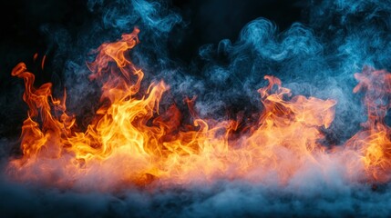 Fiery blaze with swirling smoke against a dark backdrop
