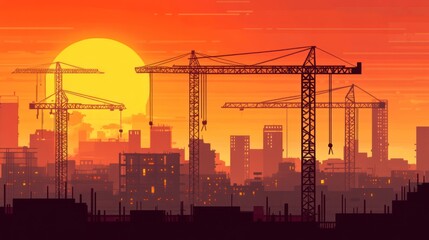 Sunset Cityscape Construction Cranes
