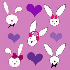 Cute bunny heads. White rabbits illustration. Purple hearts pattern. Vector child design.