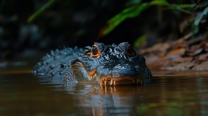 Alligator lurking in swamp, jungle background