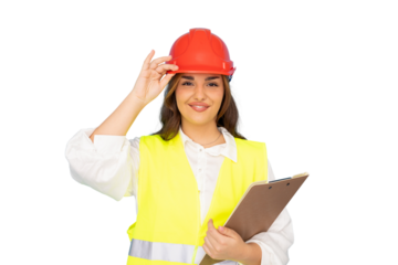 Professional woman architect wearing hardhat, gripping clipboard, standing confidently against transparent backdrop