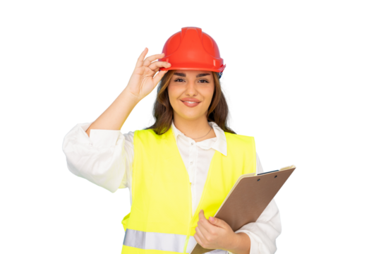 Professional woman architect wearing hardhat, gripping clipboard, standing confidently against transparent backdrop