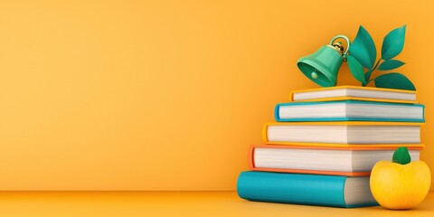 Colorful Books Stacked With Bell And Apple