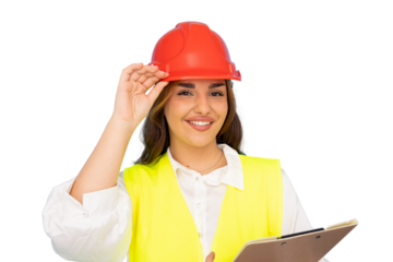 Female architect in hardhat, gripping clipboard and smiling confidently against transparent background