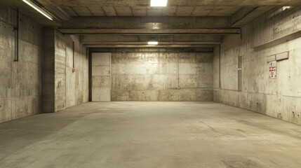 Empty, concrete basement room with lighting, door, and walls.