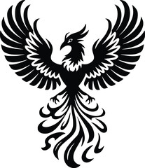 Black and white bold vector of a phoenix rising, isolated on white background.