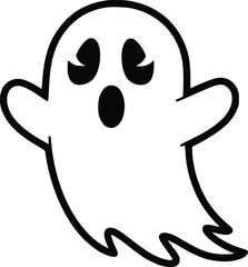 Black and white bold vector of a spooky ghost, isolated on white background.