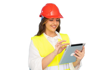 Young architect wearing safety helmet and vest using digital tablet with transparent background
