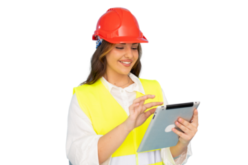 Young architect wearing safety helmet and vest using digital tablet with transparent background