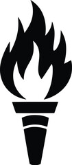Black and white bold vector of a flaming torch, isolated on white background.