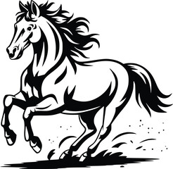 Black and white bold vector of a running horse, isolated on white background.
