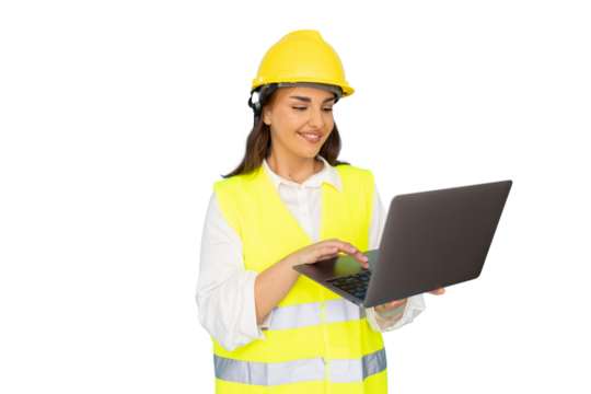 Confident female engineer wearing safety vest and helmet using laptop at construction site, transparent background