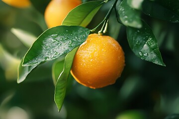 Fresh Orange Hanging on Tree Branch with Green Leaves and Dewdrops Closeup View