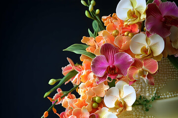 Close-up view of a decorative cake adorned with elaborate flower decorations.