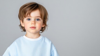A young child with brown hair wearing a light blue shirt, standing against a plain grey background, close-up portrait, studio setting, and neutral expression.