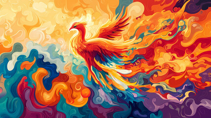 A vibrant phoenix soaring through colorful flames, symbolizing rebirth and transformation. Flame Dreamer. Illustration