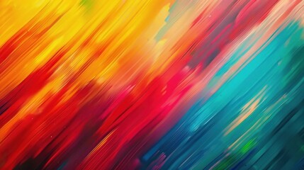 vibrant abstract painting with dynamic diagonal streaks of warm yellow, orange, red blending into cool teal, blue and green conveying energetic and lively motion