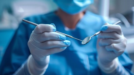 Dentists hands holding a dental probe and mirror for inspection