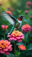 Fototapeta premium Vibrant flower garden with hummingbird wings superimposed, blending nature's elements in a harmonious double exposure, hummingbird, double exposure, garden