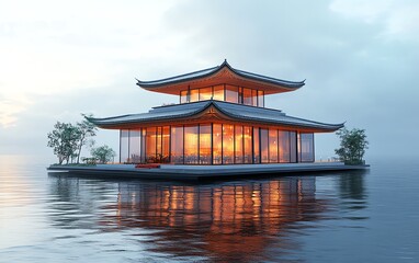 Fototapeta premium Serene floating pagoda on tranquil water at dawn. Modern Asian architecture.