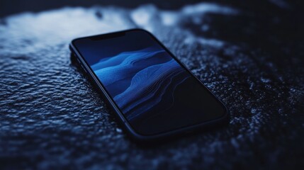 Cellphone on dark stone shows blue abstract art, with a blurred natural environment. Mobile tech usage concept