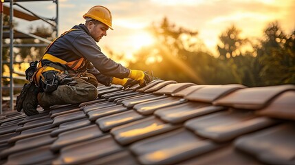 Roofing specialist carefully installs terracotta roof tiles.
