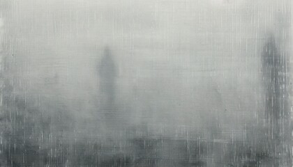 Foggy scene with faint silhouette of a tall building and indistinct shapes behind textured glass with vertical and horizontal streaks, evoking mystery and obscurity