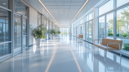 Bright and Modern Corridor in Healthcare Facility with Large Windows