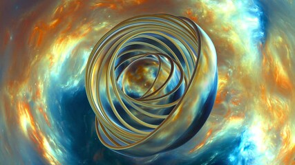 Abstract geometric metallic rings rotating and reflecting space nebula. Seamless loop. Fractal and 3D animation render. - Powered by Adobe