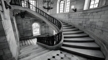 Winding gray staircase symbolizes life's complexity, blending choices and experiences beyond black and white. Its curves embody uncertainty and growth, making it an inspiring, reflective background.