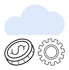 Cloud backdrop above dollar coin and gear, symbolizing digital finance and technology. Ideal for finance, technology, innovation, cloud computing, business strategy, data management, simple landing