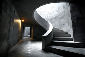 Winding gray staircase symbolizes life's complexity, blending choices and experiences beyond black and white. Its curves embody uncertainty and growth, making it an inspiring, reflective background.