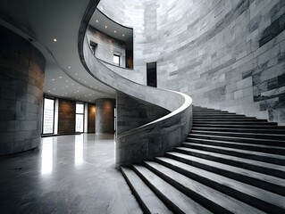 Winding gray staircase symbolizes life's complexity, blending choices and experiences beyond black and white. Its curves embody uncertainty and growth, making it an inspiring, reflective background.