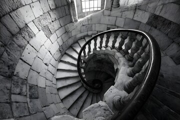 Winding gray staircase symbolizes life's complexity, blending choices and experiences beyond black and white. Its curves embody uncertainty and growth, making it an inspiring, reflective background.