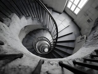 Winding gray staircase symbolizes life's complexity, blending choices and experiences beyond black and white. Its curves embody uncertainty and growth, making it an inspiring, reflective background.