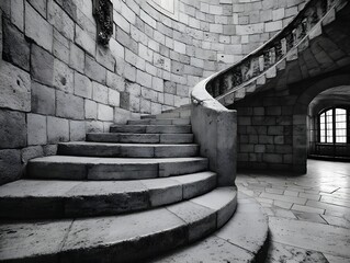 Winding gray staircase symbolizes life's complexity, blending choices and experiences beyond black and white. Its curves embody uncertainty and growth, making it an inspiring, reflective background.