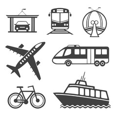 Transportation and Vehicle Icon Set: Vector Glyph Pictograms Featuring Travel, Logistics, Public Transit, Car, Train, Bus, Bicycle, Boat, and Airplane Silhouettes