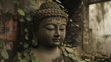 Faded Buddha statue partially covered in vines inside an old, abandoned temple in China, a silent witness to centuries of solitude.