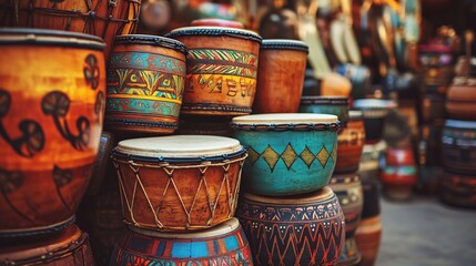 Colorful Handcrafted Drums Displayed at Market Stall in Vibrant Setting