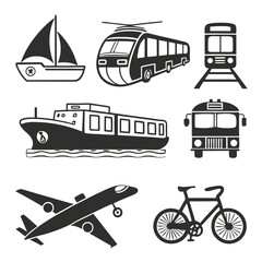 Transportation and Vehicle Icon Set: Vector Glyph Pictograms Featuring Travel, Logistics, Public Transit, Car, Train, Bus, Bicycle, Boat, and Airplane Silhouettes