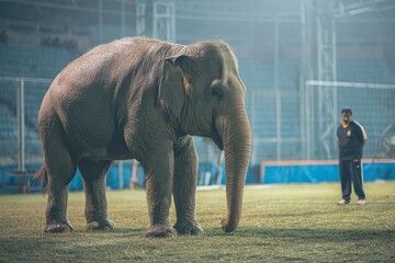 Fototapeta premium Elephant in Training Session at an Indoor Venue with Bright Lights