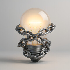Symbolic concept of chained innovation — creative ideas restricted by regulation and economic barriers