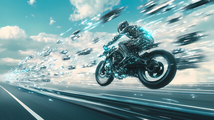 Fototapeta premium Speed reverie rider of bike takes flight on road guided by generative ai. Reverie Engine. Illustration