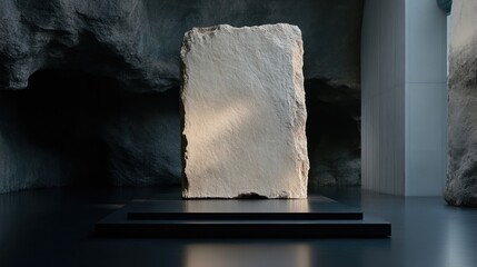 Light beige stone block on dark pedestal