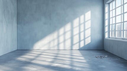 Obraz premium Empty room with concrete walls and floor, sunlight streaming through a large window. Debris on floor.
