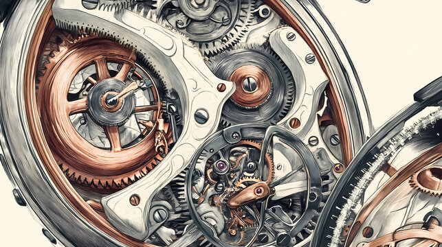 Explore the intricate mechanics of a vintage pocket watch. Memory Foundry. Illustration