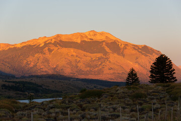 sunrise at lanin national park with peak of cerro contra, patagonia, argentina