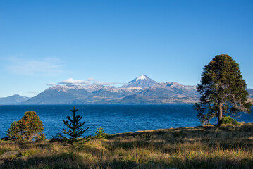 lago huechulafquen and peak of lanin volcano at lanin national park, patagonia, argentina
